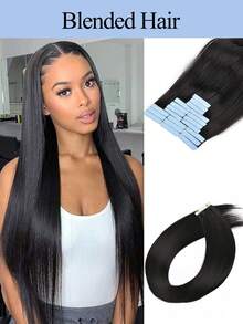 自然黑色20片装隐形胶带式接发，混合发丝，20英寸20片隐形无缝贴合发片，自然直发浓密编织黑色接发，轻盈柔软，适合日常佩戴。 - S1 - 查看 3