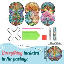 6pcs DIY Diamond Painting Coaster Set With Holder - Tree Theme, Round And Asymmetrical Diamond Shapes, Wooden Craft Kit, Suitable For Adults And Beginners - View 7