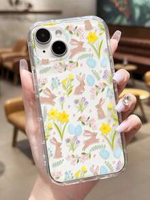 1 pieza Funda de teléfono transparente con airbag, antideslizante, con diseño alegre y lindo de flores, conejo, huevo y corazón, apta para iPhone 11/12/13/14/15/16/17 Pro Max - Multicolor - Ver 2