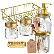 SheeChung - Juego completo de 6 tarros de mason para baño soporte para cepillo para polvo de dientes dispensador de jabón de loción 2 tarros de masón jabonera cesta de papel higiénico decoración - Dorado - Ver 1