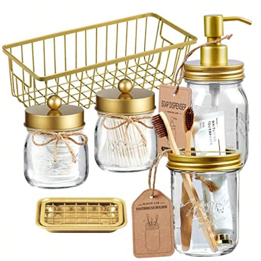 SheeChung - Juego completo de 6 tarros de mason para baño soporte para cepillo para polvo de dientes dispensador de jabón de loción 2 tarros de masón jabonera cesta de papel higiénico decoración - Dorado - Ver 1