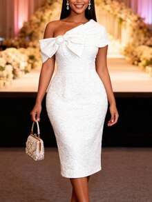 女士情人节白色提花单肩不对称蝴蝶结领修身连衣裙，适合婚礼宾客、优雅正式场合、晚宴、春季派对 - 白色 - 查看 4