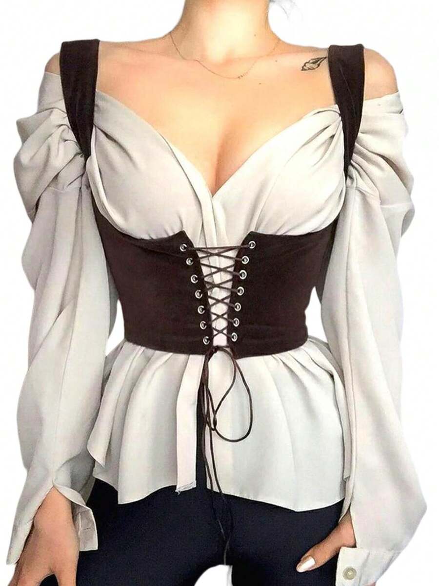 Lace Up Corset Bustier Women's Waist Trainer Belt Tank Steampunk Underbust Corset - Brown - View 1