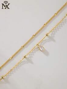 SYMFNY 1条奢华小众设计双层链条手链 + 精致锆石吊坠，长度可调节，女士日常通勤及约会百搭优雅珠宝礼品 - 金黃色 - 查看 3