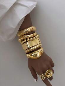 3/1pc Women's Bracelet, CCB Material Vintage Metallic Luster Bohemian Style Simple Thick Bangle, Basic Bracelet Set, Suitable For Daily Wear, Gatherings, Vacations, Parties, Jewelry Gift For Her - Yellow Gold - View 1