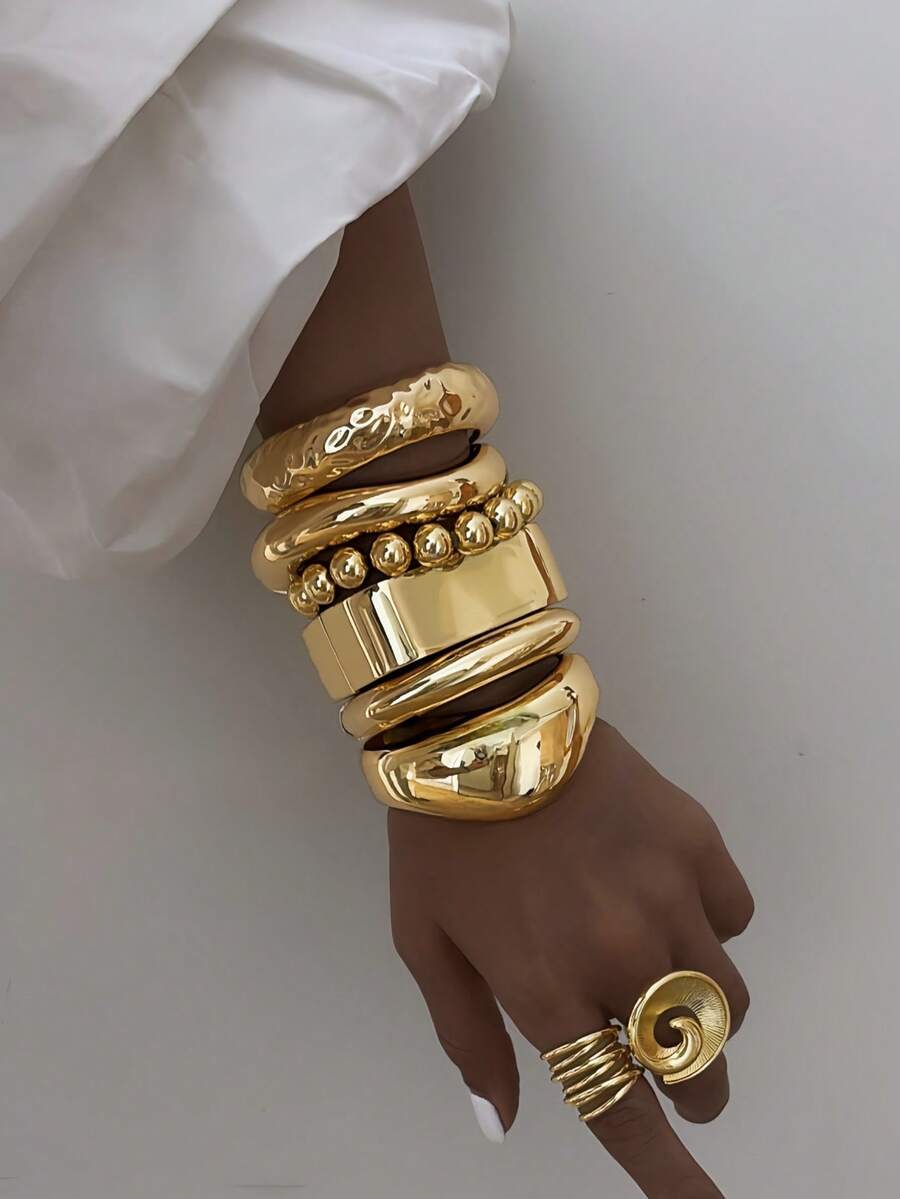 3/1pc Women's Bracelet, CCB Material Vintage Metallic Luster Bohemian Style Simple Thick Bangle, Basic Bracelet Set, Suitable For Daily Wear, Gatherings, Vacations, Parties, Jewelry Gift For Her - Yellow Gold - View 1