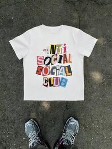 1Pcs Anti Social Club Print Men's T Shirt Streetwear 100% Cotton TShirt Men's Summer Graphic Tee Gift For Men, Casual Style Letter Tee For Hip Hop Fashion - White - View 8