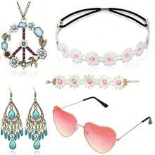 5pcs/Set Hippie Style Accessories Set, Peace Sign Necklace, Daisy Earrings, Flower Headband, Fashion Glasses - Blue - View 3