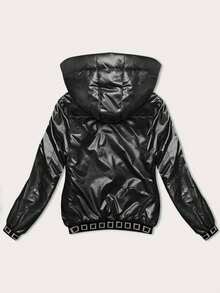 Kurze Jacke mit Zierbündchen, lockere Jacke mit Kapuze, abnehmbare Kapuze, dünne Isolierung aus Kunstdaunen, Reißverschluss, 2 Taschen, hüftlang, lässig, Frühling/Herbst - Schwarz - Übersicht 3