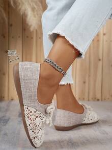 Linen Summer Mesh Shoes New Loafers Bow Knot Woven Women Hollow Flat Shoes, Fashion Comfortable Lightweight Casual Slip-On Flat Shoes Suitable For Daily Commute And Outdoor Wear, Ballet Shoes - Beige - View 6