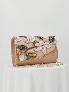 1 pieza Bolso de fiesta de mujer con estilo retro, bolso cuadrado mini cruzado con estampado de hojas y flores multicolor, adecuado para vestido de noche, fiesta, compras, regalo de cumpleaños, Día de San Valentín, patrón aleatorio - Dorado - Ver 2
