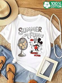 Disney Women'S 100% Pure Short-Sleeve  Round-Neck Casual T-Shirt Featuring A Fun Mickey Mouse Print For Summer. This Stylish Round-Neck T-Shirt Is Perfect For Running In Spring And Summer - 白色 - 查看 1