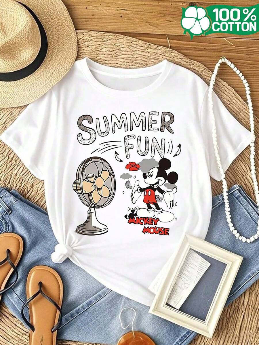 Disney Women'S 100% Pure Short-Sleeve Round-Neck Casual T-Shirt Featuring A Fun Mickey Mouse Print For Summer. This Stylish Round-Neck T-Shirt Is Perfect For Running In Spring And Summer - 白色 - 查看 1