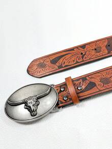 1pc Unisex Retro Bull Head Buckle Belt, Classic Engraved PU Leather Fashion Accessory, Western Style Casual Waist Belt - Multicolor - View 8