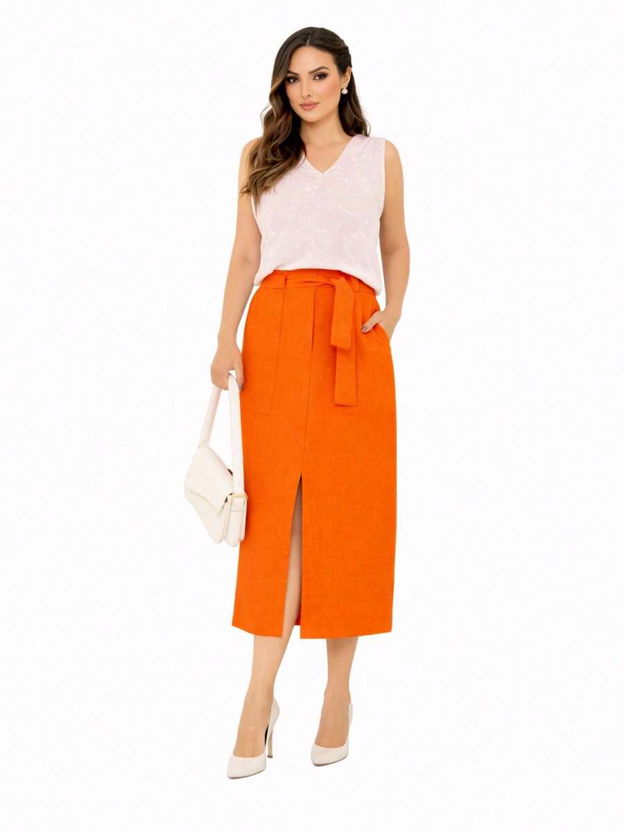 saia feminina de alfaiataria midi com bolsos e faixa social trabalho moda básica premium - Laranja - Visão 1