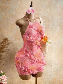 Lady's Sexy Neckline Floral Print Halter Dress With Ruffled Border Design,Sweet Spicy Style,Suitable For Vacation,Music Festival,Graduation Outfits Elegant Party Summer - Multicolor - View 5