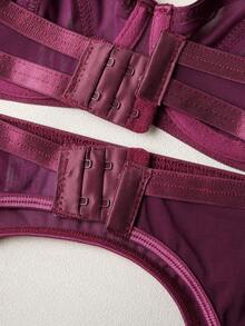 3pcs Sexy Wine Red Sheer Mesh Lingerie Set, Underwire Bra With Garter Belt - Purple - View 4