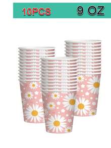 Juego de 10 piezas/Set de platos, tazas y servilletas desechables con estampado de margaritas, suministros para fiestas con tema floral, juego de vajilla para bodas, baby shower, fiestas de cumpleaños, color rosa - Multicolor - Ver 8
