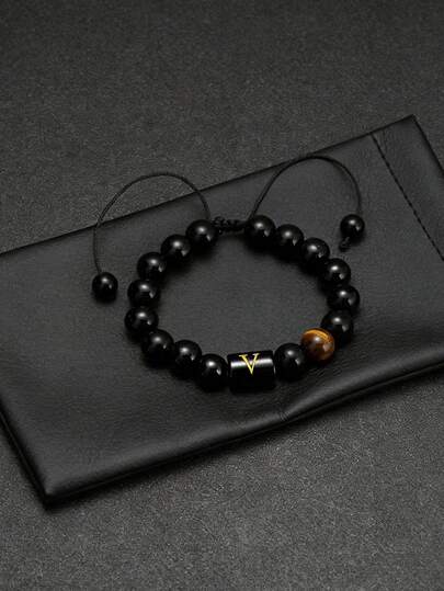 男士个性化黑玛瑙虎眼石编织手链，配26个字母吊坠，可定制首字母，生日礼物