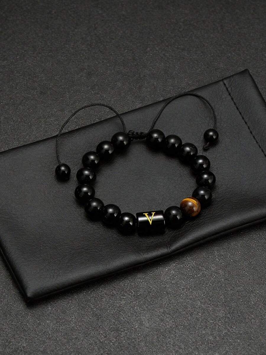 Vòng tay nam bằng đá mã não đen mắt hổ, kiểu bện, mặt dây chuyền 26 chữ cái, trang sức khắc tên riêng, quà tặng sinh nhật. - Nhiều màu - Xem 1