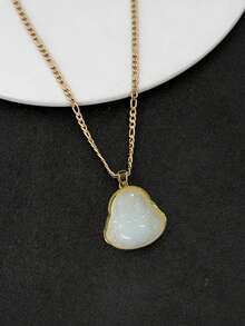 1件时尚镀金佛像吊坠项链，男女通用，蓝色、绿色、红色、白色佛头图案扁平费加罗链项链 - Buddha - 查看 3