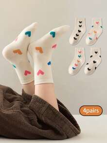 1 Pack Of 4 Pairs Of White Heart-Shaped Socks, Suitable As A Daily Gift For Boy And Girl - Multicolor - View 5