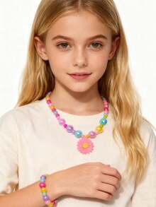 2pcs/Set Daisy Pendant Beaded Necklace & Bracelet Jewelry Set, Suitable For Girls Daily Wear, Parties, Birthday Gifts - one-size - View 2