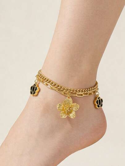 1. 金属立体双层花朵字母吊坠脚链，适合日常海滩派对通勤佩戴（不含礼盒）