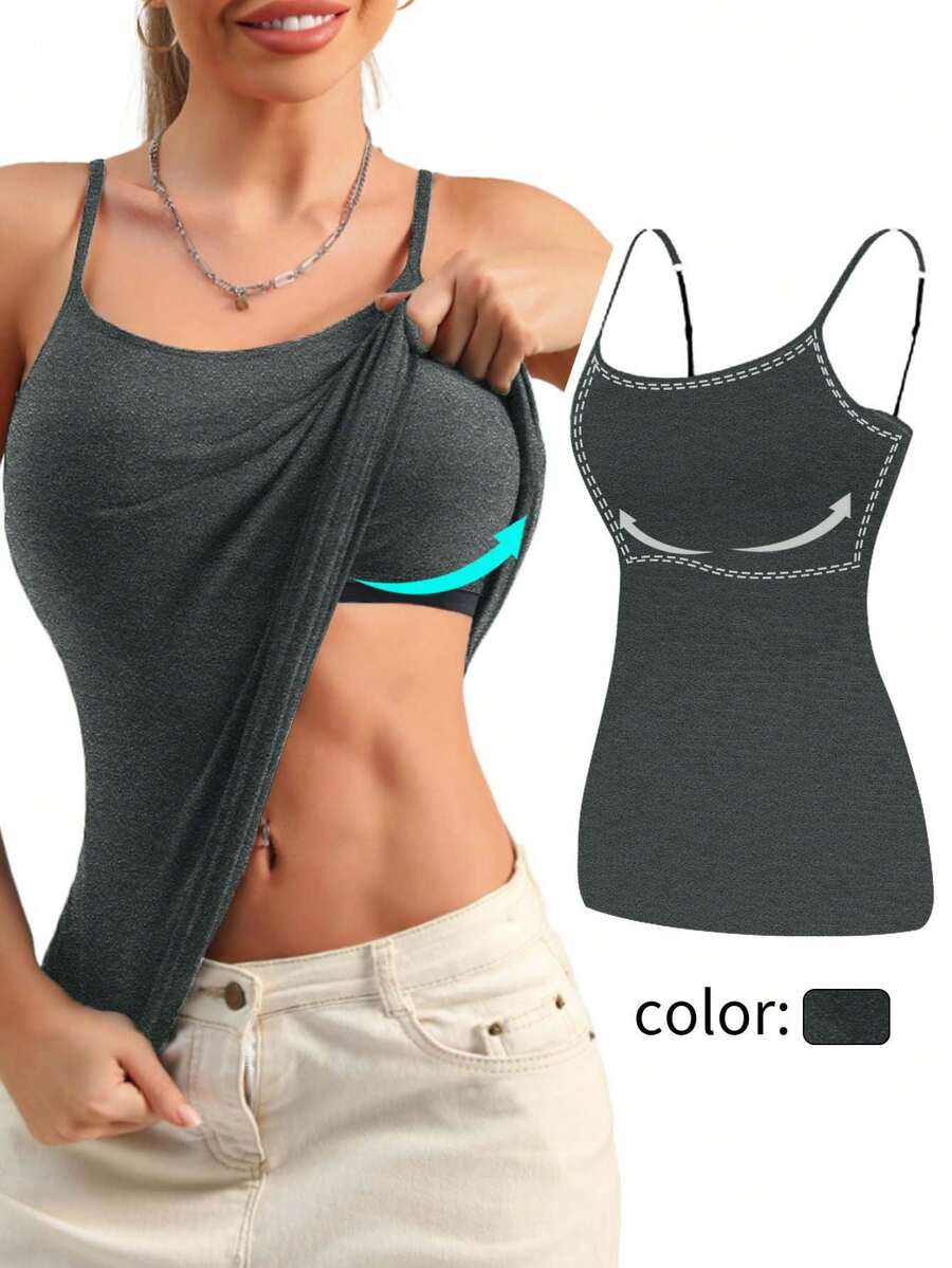 1pc Adjustable Strap Padless Camisole, Casual Layering Sleeveless Top, Backless Design, Deep Grey, Spring/Summer