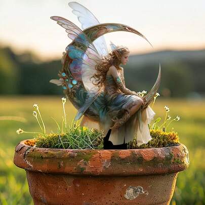 Charming Fairy Sculpture On Crescent Moon Garden Stake, Multifunctional Outdoor Planter Decor