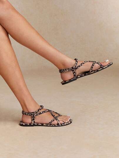 Tropiscape Peep-Toe Sexy Leopard Print Thin Heeled Sandals, Simple And Comfortable Fabric Flat Women Sandals, Summer 2025