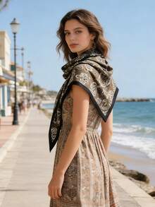 1pc Fashionable Retro Cashew Flower Print Multifunctional Scarf Shawl, Suitable For Daily, Office, Vacation And Other Occasions - Black - View 4