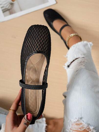 夏季蕾丝网眼镂空平底鞋，女士透气弹力带芭蕾舞鞋，休闲舒适一脚蹬乐福鞋，适合日常通勤，百搭