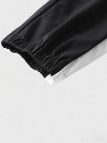 Men's Spring/Autumn Colorblock 2-Piece Sports Set | Hooded Zip-Up Jacket + Drawstring Cuffed Pants, Compass Print Casual Outdoor Outfit - Black - View 5