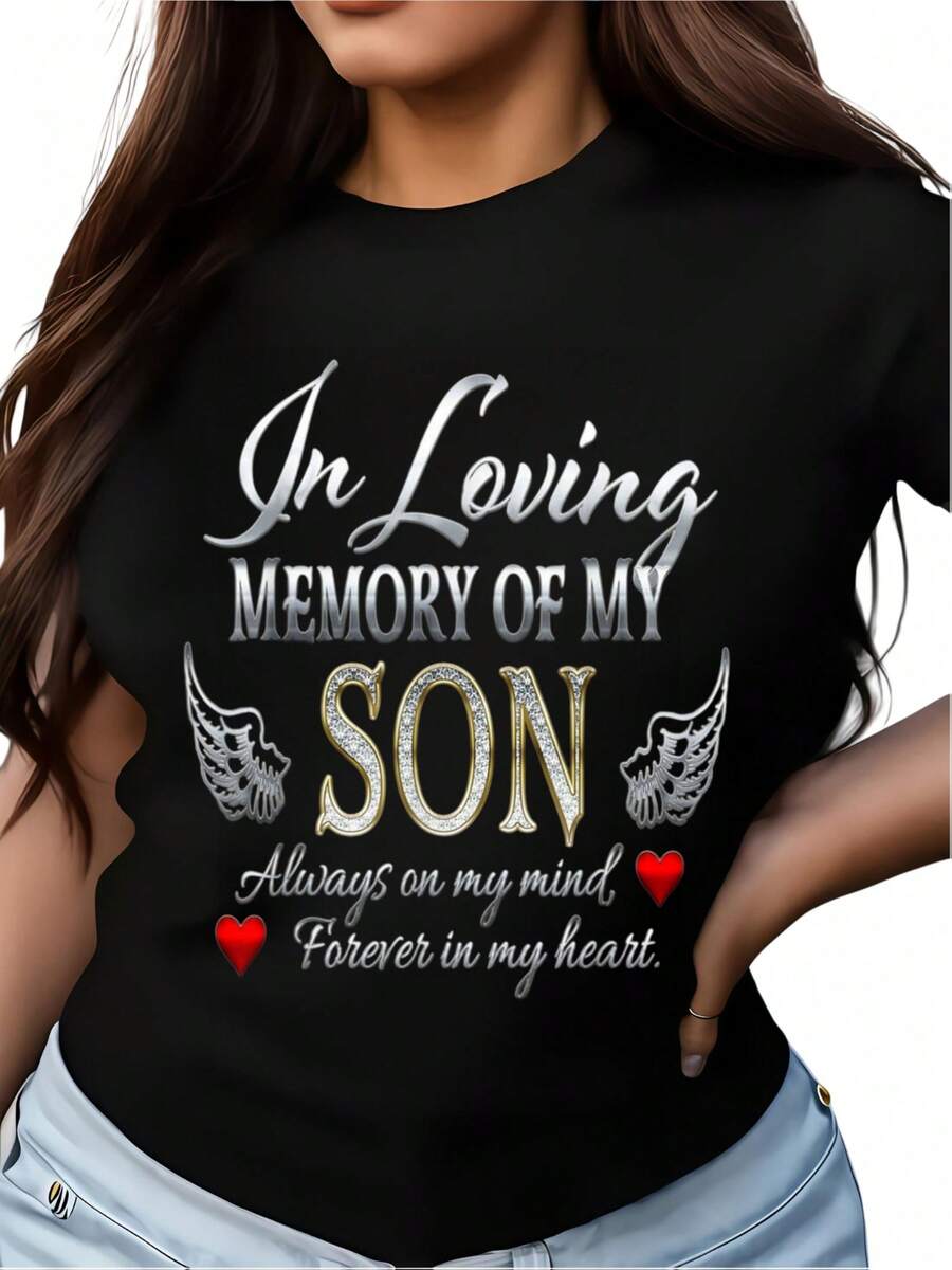 Plus Size - Plus Size, Women'S In Loving Memory Of My Son T-Shirt - Angel Wings & Heart Design With "Always On My Mind, Forever In My Heart" Quote - 100% Loose Fit Short Sleeve Shirt, S-XXXL Sizes, Comfortable Casual & Memorial Gift For Loss Of - 黑色 - 查看 1