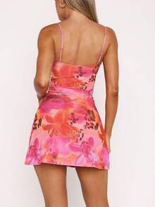 Y2K Aesthetic Women's Spaghetti Strap Mini Mini Dress Backless Ruffled Ruffled Trim Print Bodycon Short Dress  Fashionable Summer Beach Dress - Pink - View 3
