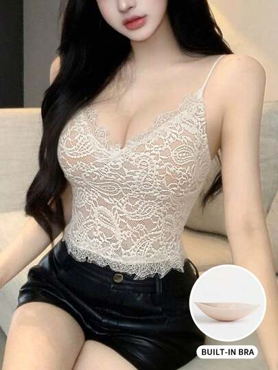 2026 Spring New Sexy Fitted Waist Lace Trim V-Neck Camisole Top For Women