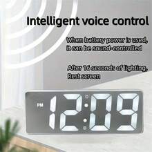 極簡鏡面鬧鐘，智能 LED，溫度顯示，亮度可調，語音控制，12/24 小時制，USB/電池供電，適用於書桌/臥室裝飾 - 銀白色 - 查看 5