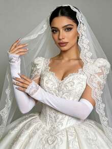 1 đôi tay áo ren mỏng màu trắng, thích hợp cho đám cưới, mặc ngoài trời để che chắn và bảo vệ da. - trắng - Xem 4