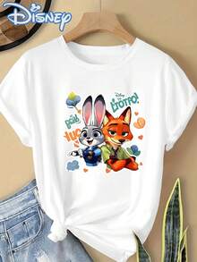 Disney Print Spring/Summer Round Neck Short Sleeve Pullover Women's T-Shirt - White - View 1