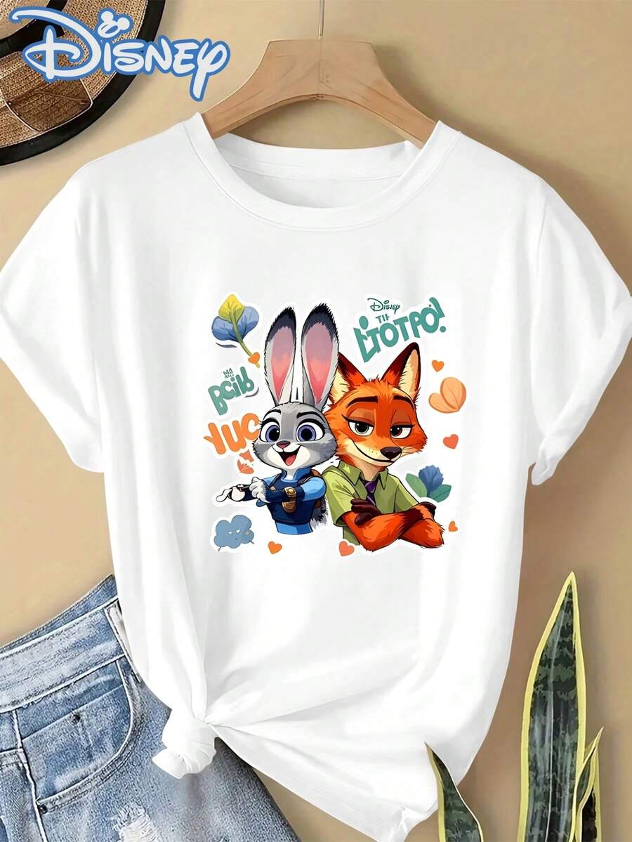 Disney Print Spring/Summer Round Neck Short Sleeve Pullover Women's T-Shirt - White - View 1