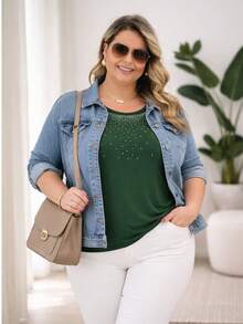 Plus Size Short Batwing Sleeve Blouse With Round Neck And Rhinestones - Casual Chic - Comfortable Knit Fabric - Urban Everyday Look - 軍綠色 - 查看 5