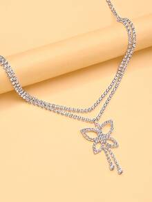 1pc Fashionable & Sexy Double Layer Butterfly Design Waist Chain With Rhinestone, Tassel & Hollow Out Detail For Beach - Silver - View 5