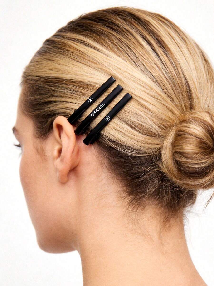 CHANEL 3pcs Matte Black Metal Minimalist Style Hair Clips With Logo For Women - Black - View 1