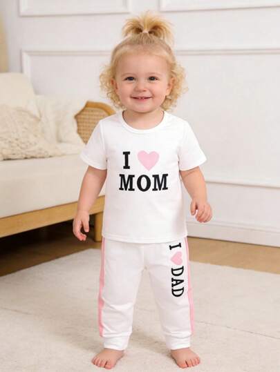 2pcs Baby Girls' Spring/Summer Letter & Heart Print T-Shirt And Casual Pants Set