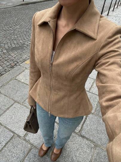 Buzzelle Women's Solid Color Faux Suede Zip-Up Collar Vintage Jacket, Suitable For Everyday Wear In Autumn And Winter