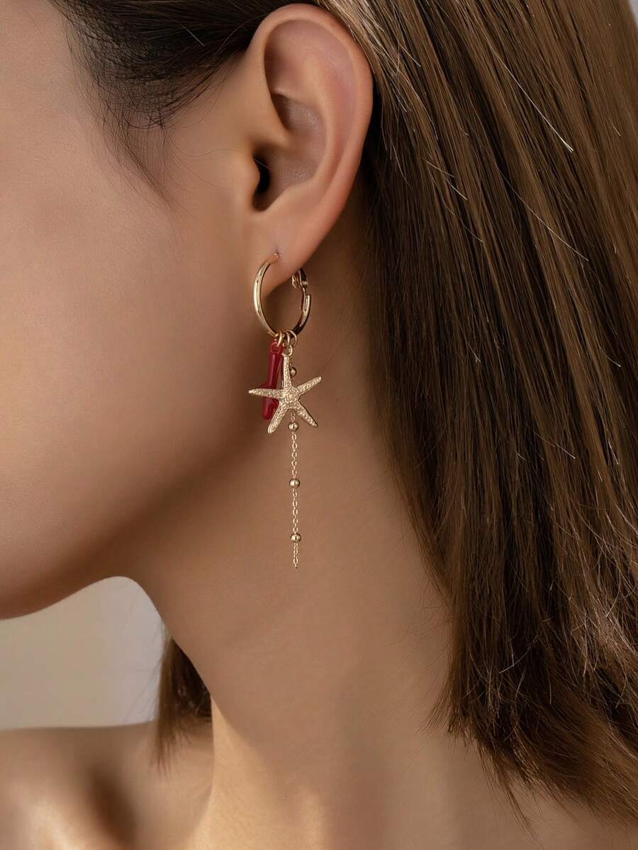 1 Pair Women's Red Coral & Starfish Earrings, Gold Hoop Starfish Pendant Bohemian Beach Resort Jewelry - Multicolor - View 1
