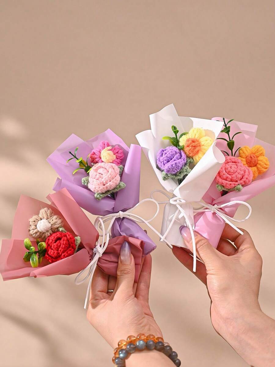 1 bó hoa hồng đan móc mini giống thật, kèm túi quà, kích thước 15cm x 9cm, thích hợp làm quà tặng Ngày Valentine, Ngày của Mẹ, quà tặng hàng ngày, hoặc để trang trí nhà cửa. - Nhiều màu - Xem 1
