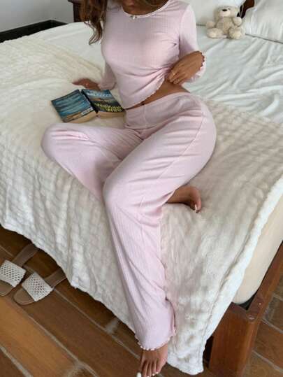 2pcs Women Crew Neck Long Sleeve Top + Elastic Waist Pants Pajama Set, Cute Loungewear