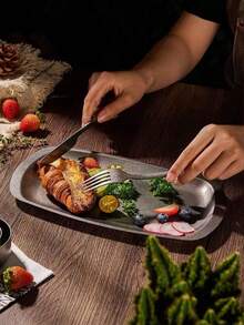 1pc Vintage Distressed Stainless Steel Rectangular Flat Plate, Steak Snack Dessert Dish, Shallow Plate, Commercial Barbecue Tray - View 1